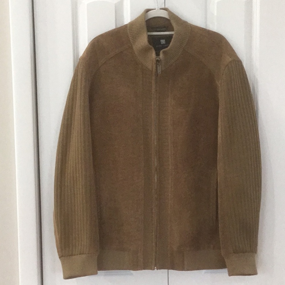 Andre Lanzino Brown Bomber Jacket with Ribbed Knit Texture and Standing Collar